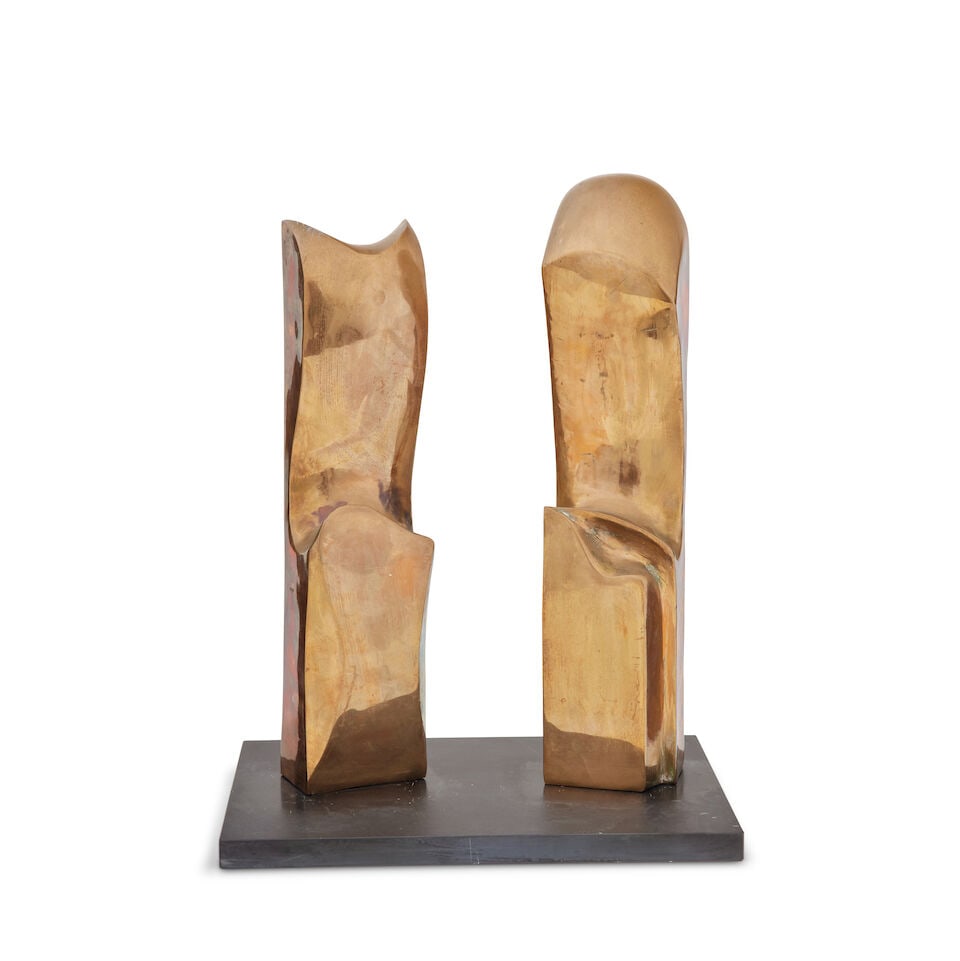 William Moelwyn Merchant (British, 1913-1997): Thrones II (5): William Moelwyn Merchant (British, 1913-1997): Thrones II Bronze, on slate base, together with a copy of Confrontation of angels, A bundle of Papyrus, seeking Perfection, and triple heritage all by