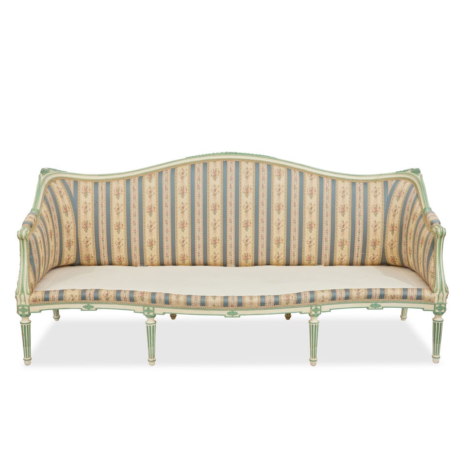 A George III serpentine painted and carved settee - 8