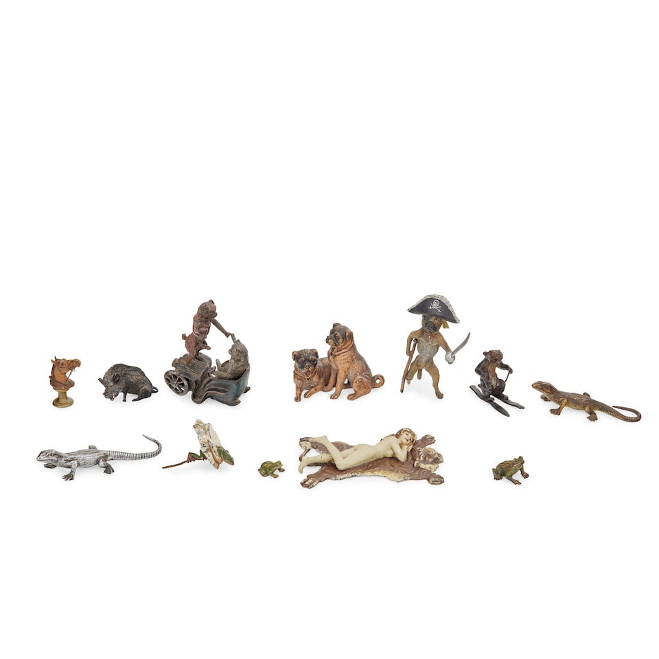 Franz Bergman (Austrian, 1861-1936): A group of various cold painted bronzes (12): Franz Bergman (Austrian, 1861-1936): A group of various cold painted bronzes Comprising of a rare cold painted bronze frog bottle top, stamped foundry mark, 6cms high, a pirate pug, stamped, 11cm