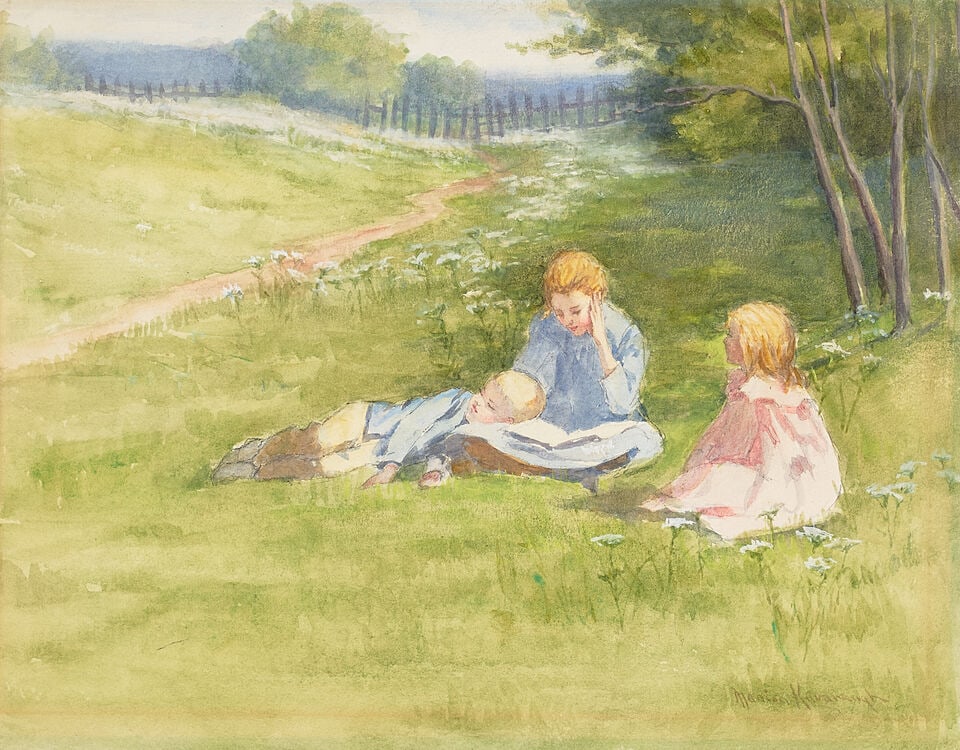 Marion Kavanagh Wachtel (1876-1954) Three Children in a Field of Flowers sight 11 x 14 in.: Marion Kavanagh Wachtel (1876-1954) Three Children in a Field of Flowers signed 'Marion Kavanaugh' (lower right) watercolor on paper sight 11 x 14 in. Footnotes: Provenance Private collection, New