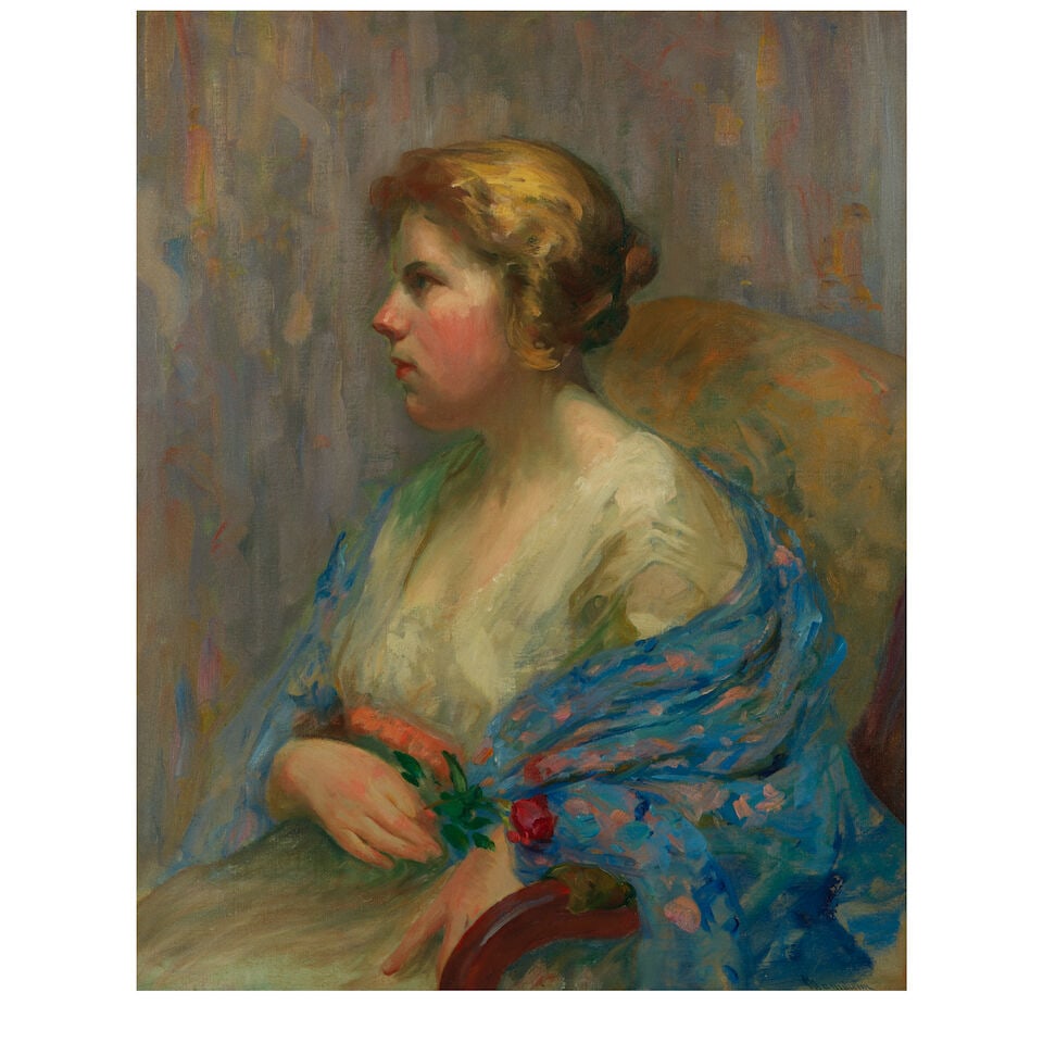 Jean Mannheim (1861-1945) Portrait of a Girl in a Blue Shawl with Rose 30 1/4 x 24 1/4 in. (1 of 2)