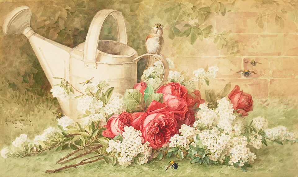 Paul de Longpre (1855-1911) Bees, Blossoms & Birds sight 16 1/4 x 27 1/4 in. (1 of 1)