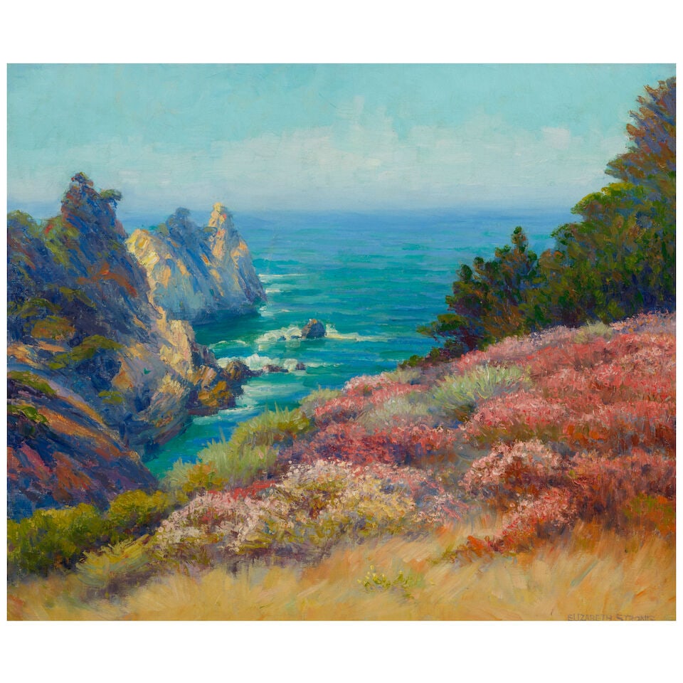Elizabeth Strong (1855-1941) From the Hilltops of Point Lobos 20 x 24 1/4 in.: Elizabeth Strong (1855-1941) From the Hilltops of Point Lobos signed 'Elizabeth Strong' (lower right) and inscribed with title (on the stretcher) oil on canvas 20 x 24 1/4 in. Footnotes: Provenance St