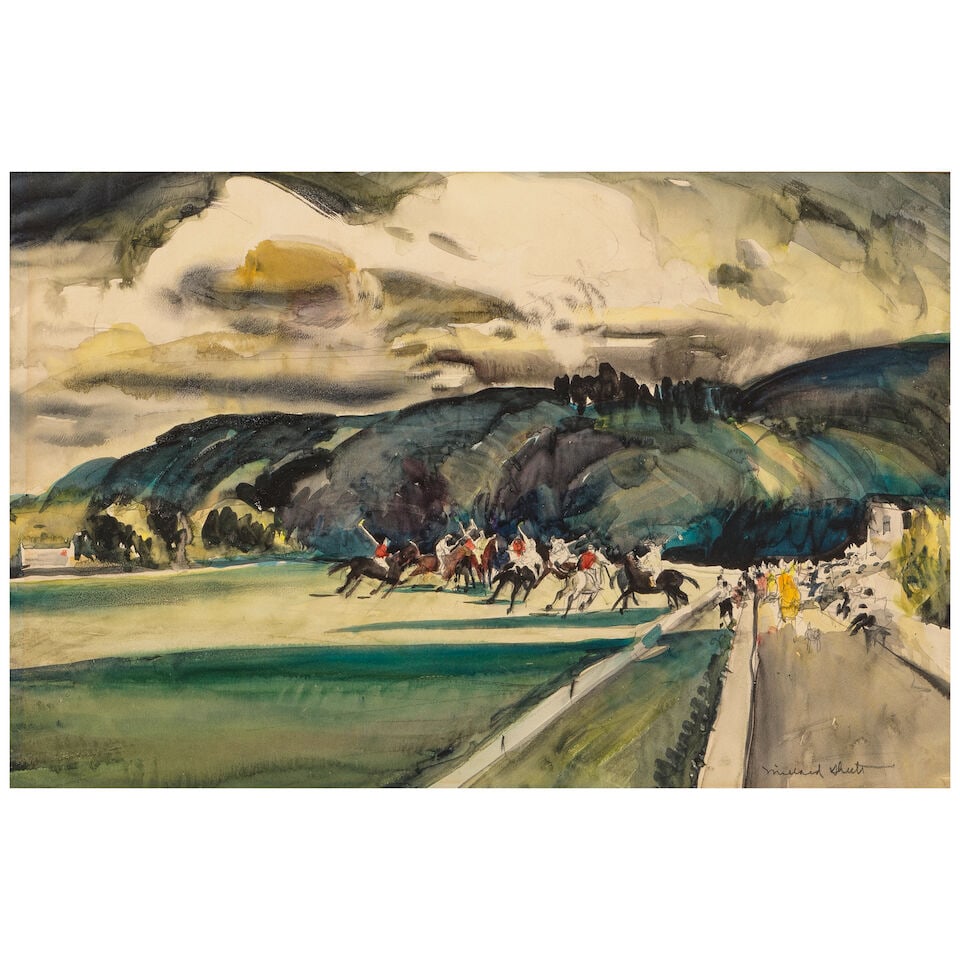 Millard Sheets (1907-1989) Polo at the Uplifters sight 16 1/4 x 19 3/4 in. (Executed in 1931. ): Millard Sheets (1907-1989) Polo at the Uplifters signed 'Millard Sheets' (lower right) and signed again, dated and titled (on the original mat affixed to the backing) watercolor and pencil on paper si