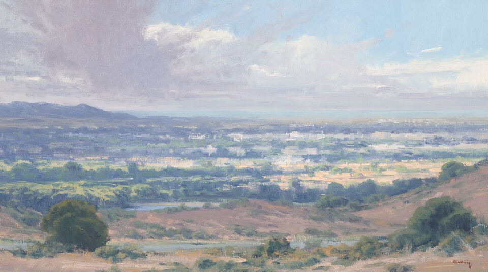 John Budicin (born 1944) Clouds Over Me 16 x 27 3/4 in.: John Budicin (born 1944) Clouds Over Me signed 'Budicin' (lower right), signed again and titled (on the reverse) oil on canvas laid to board 16 x 27 3/4 in. Footnotes: Exhibited Irvine, The Irvine