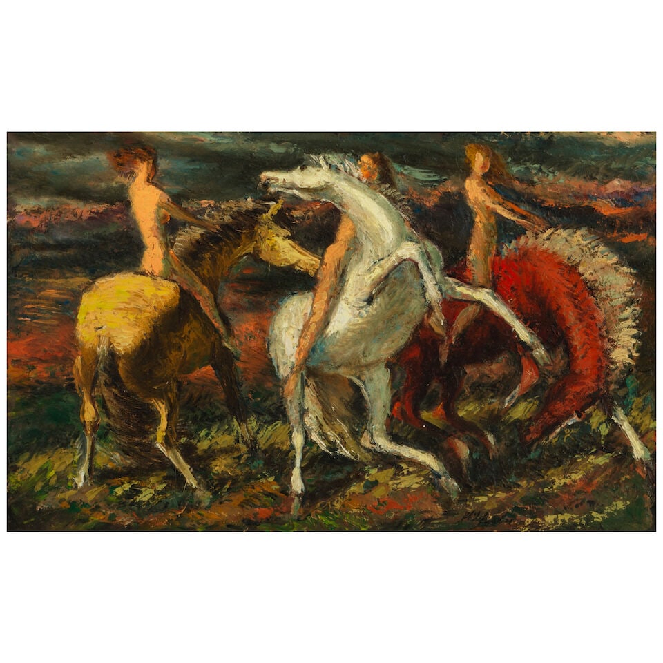 Phil Paradise (1905-1997) Frolic 10 x 16 in.: Phil Paradise (1905-1997) Frolic signed 'Phil Paradise' (lower right) and signed again and titled (on the reverse) oil on Masonite 10 x 16 in. Footnotes: Provenance Butterfield & Butterfield,