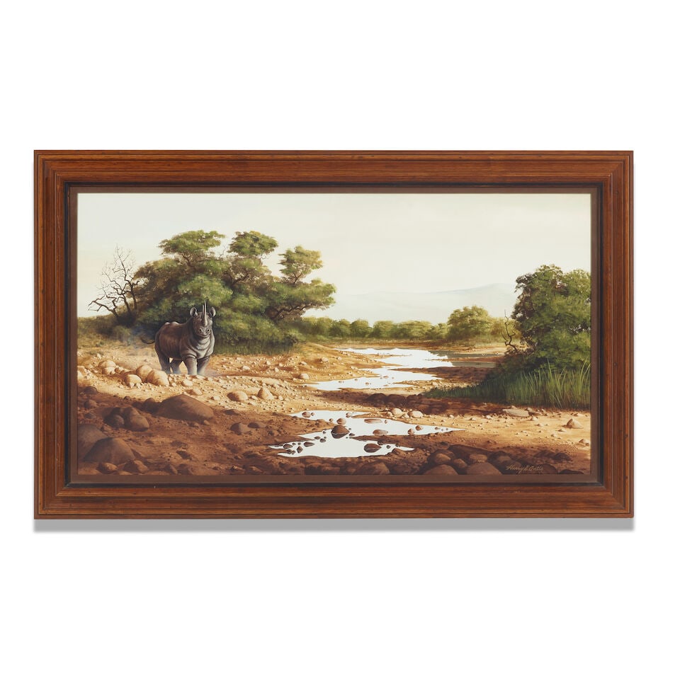 Harry E. Antis (1942-2002) Rhino by a Stream sight 20 x 36 in. - 2