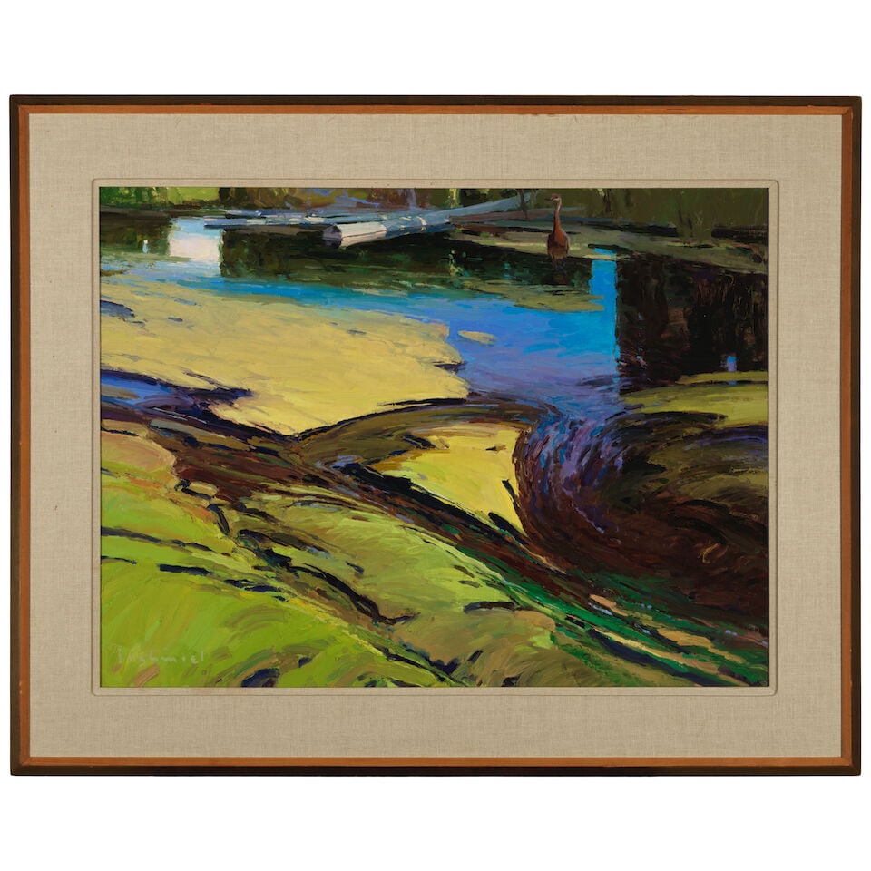 Len Chmiel (born 1942) Spring Creek with Crane 30 x 40 in. - 2