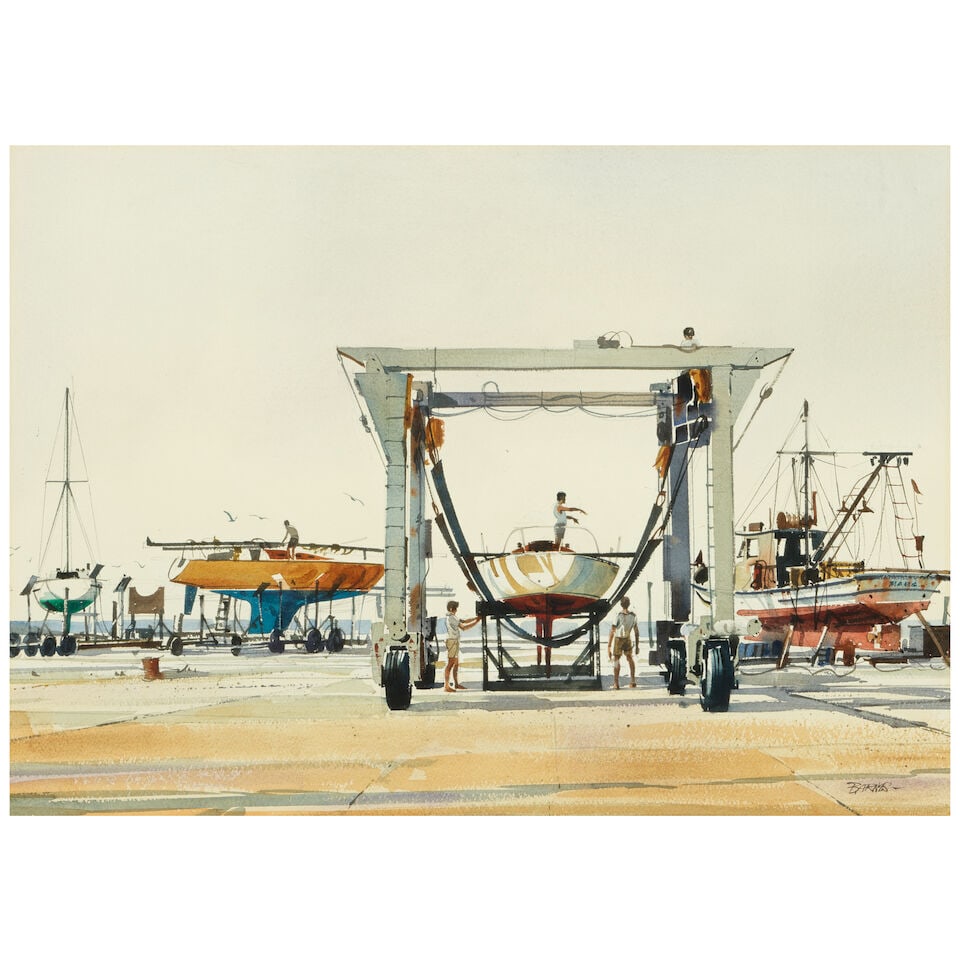 Al Barnes (1937-2015) Pre-Race Activity sight 20 x 28 in.: Al Barnes (1937-2015) Pre-Race Activity signed 'Barnes' (lower right) watercolor and pencil on paper sight 20 x 28 in. Footnotes: Provenance From a Houston Corporate Collection, acquired in