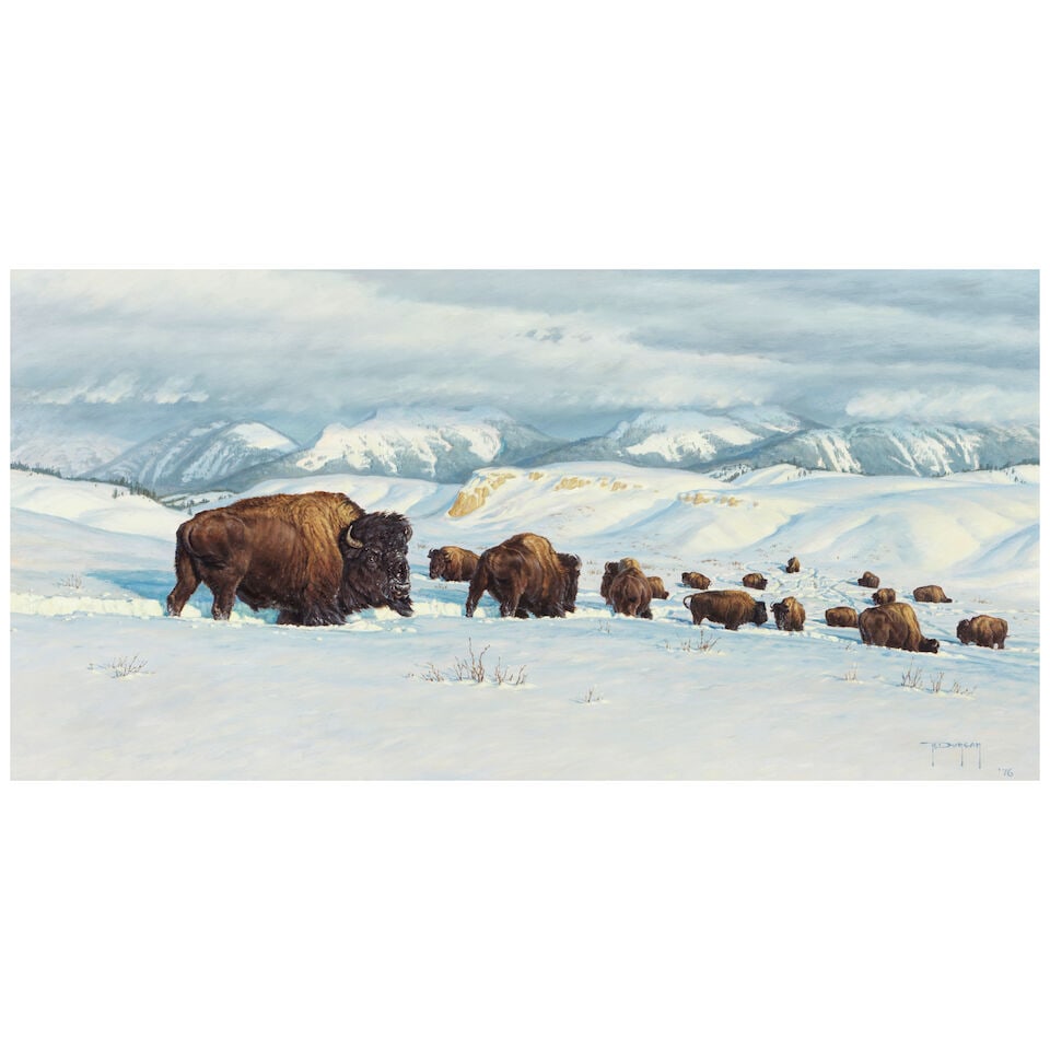 Robert Duncan (born 1952) Lords of Winter 20 x 40 in. (Painted in 1976.): Robert Duncan (born 1952) Lords of Winter signed and dated 'RDuncan / '76' (lower right) and titled, signed again and dated again on a hand written artist's label (affixed to the reverse) oil on