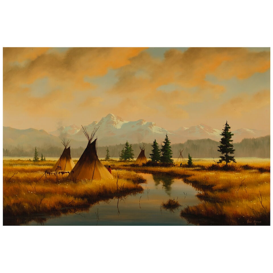 Heinie Hartwig (born 1937) Tipis on the Plain 24 x 36 in.: Heinie Hartwig (born 1937) Tipis on the Plain signed 'Heinie Hartwig / ©' (lower right) oil on Masonite 24 x 36 in. Footnotes: Provenance Private collection, British Columbia. For further