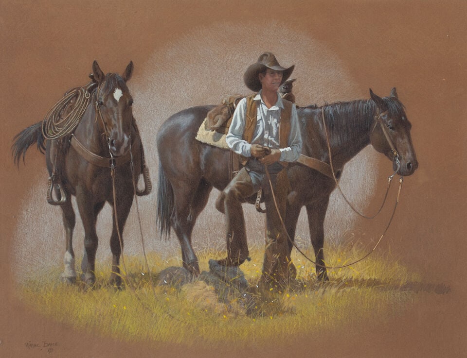 Wayne Baize (born 1943) Cowboy with Two Horses sight 16 x 21 in. (1 of 3)