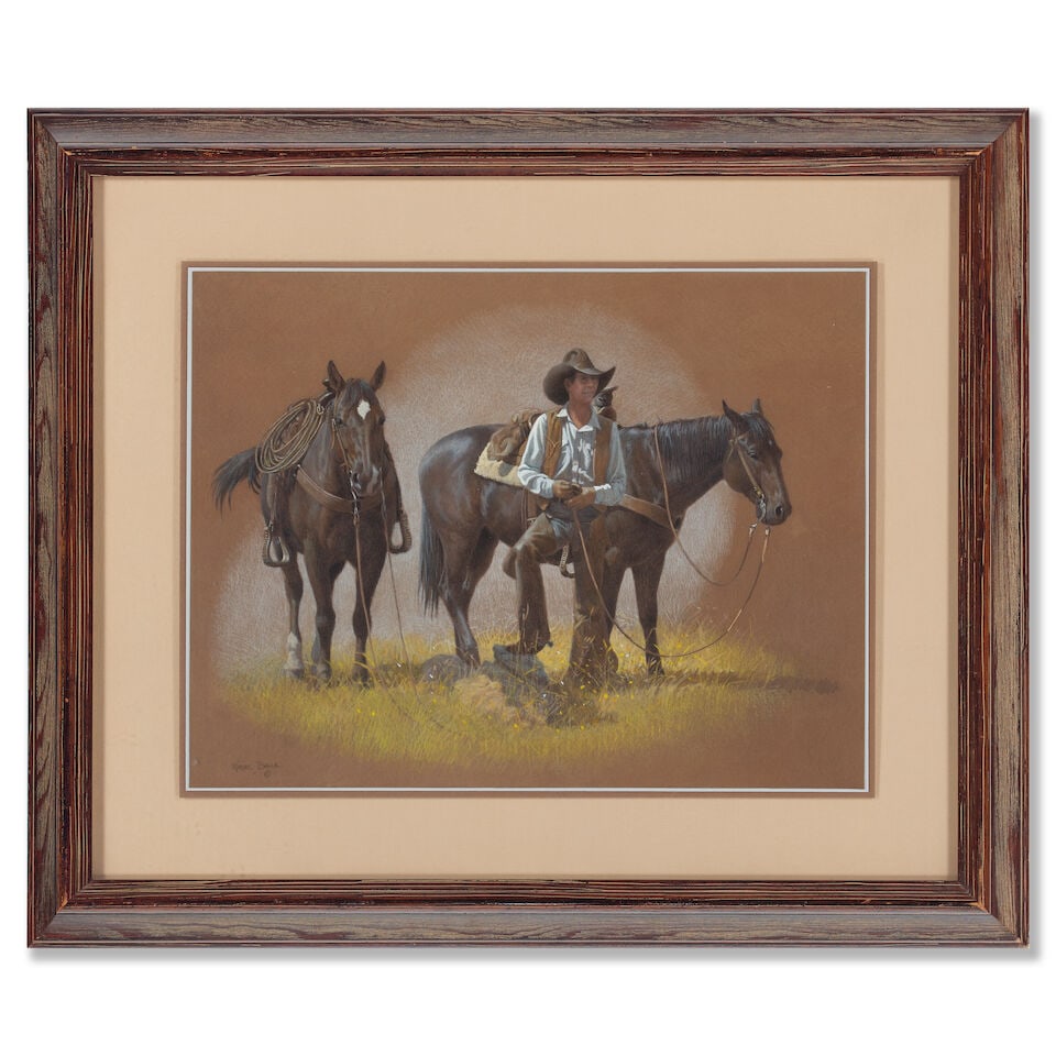 Wayne Baize (born 1943) Cowboy with Two Horses sight 16 x 21 in. - 3