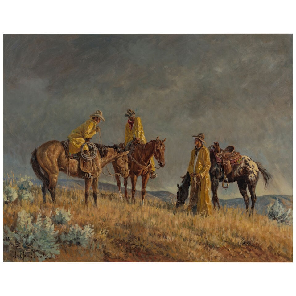 Clark Kelley Price (born 1945) Planning the Day 22 x 28 in. (Painted in 1984.): Clark Kelley Price (born 1945) Planning the Day signed with the artist's device and dated 'Clark Kelley Price 84 ©' (lower left) oil on canvas 22 x 28 in. Painted in