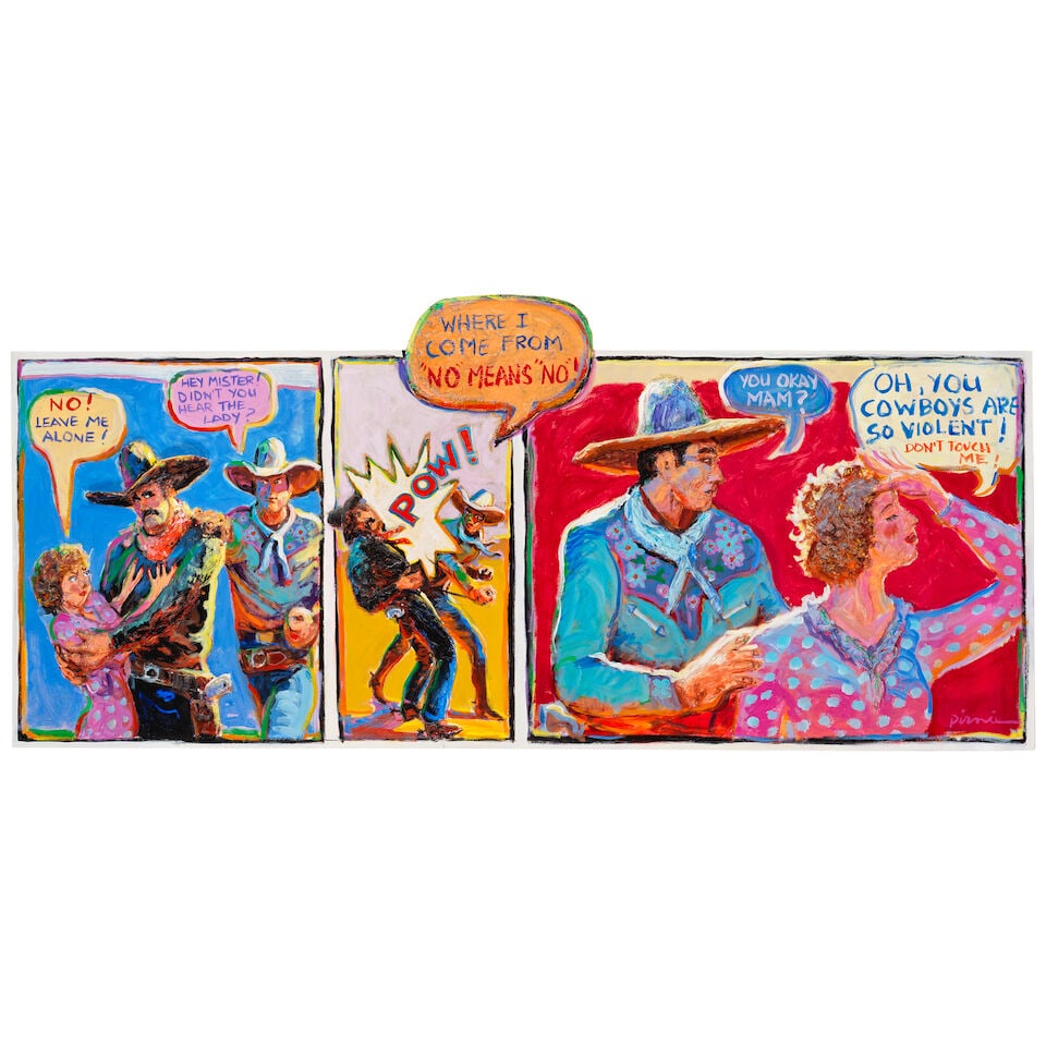 Larry Pirnie (born 1940) Damned If You Don't, Damned If You Do 35 x 79 in. (Painted in 1987.) (1 of 2)