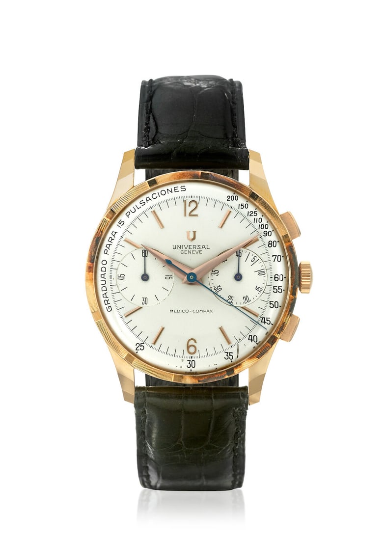UNIVERSAL GENÈVE. A FINE AND RARE 18K ROSE GOLD MANUAL WIND CHRONOGRAPH WRISTWATCH Medico-C... (1 of 2)