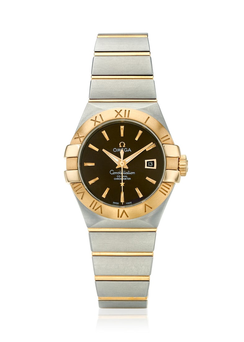 OMEGA. A STAINLESS STEEL AND 18K ROSE GOLD AUTOMATIC CALENDAR BRACELET WATCH Constellation, Ref... (1 of 1)