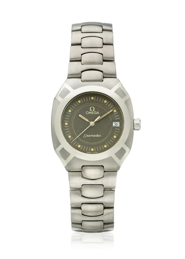 [NO RESERVE] OMEGA. A TITANIUM QUARTZ CALENDAR BRACELET WATCH Seamaster Polaris, Ref: 396.0981, ...: [NO RESERVE] OMEGA. A TITANIUM QUARTZ CALENDAR BRACELET WATCH Model: Seamaster Polaris Reference: 396.0981 Date: c. 1938 Movement: Cal. 1430, 6-jewel quartz Dial: Grey Case: Tonneau form, snap on case