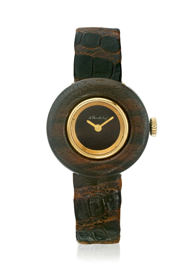[NO RESERVE] A. BARTHELAY. AN 18K GOLD AND WOOD MANUAL WIND WRISTWATCHc. 1970s (1 of 1)