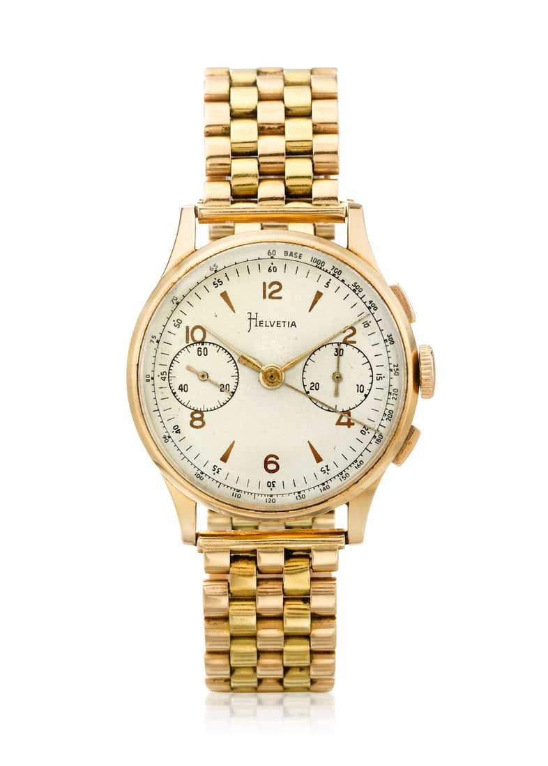 [NO RESERVE] HELVETIA. AN 18K GOLD CHRONOGRAPH BRACELET WATCHc. 1950s (1 of 1)