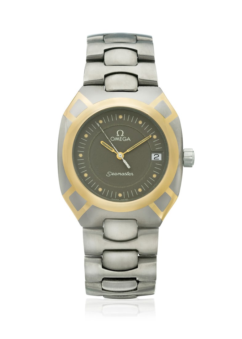 [NO RESERVE] OMEGA. A TITANIUM AND 18K GOLD QUARTZ CALENDAR BRACELET WATCH Seamaster Polaris, Re... (1 of 1)