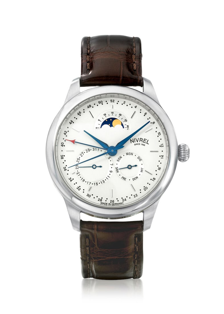 [NO RESERVE] NIVREL. A STAINLESS STEEL AUTOMATIC TRIPLE CALENDAR WRISTWATCH WITH MOON PHASES AND... (1 of 1)