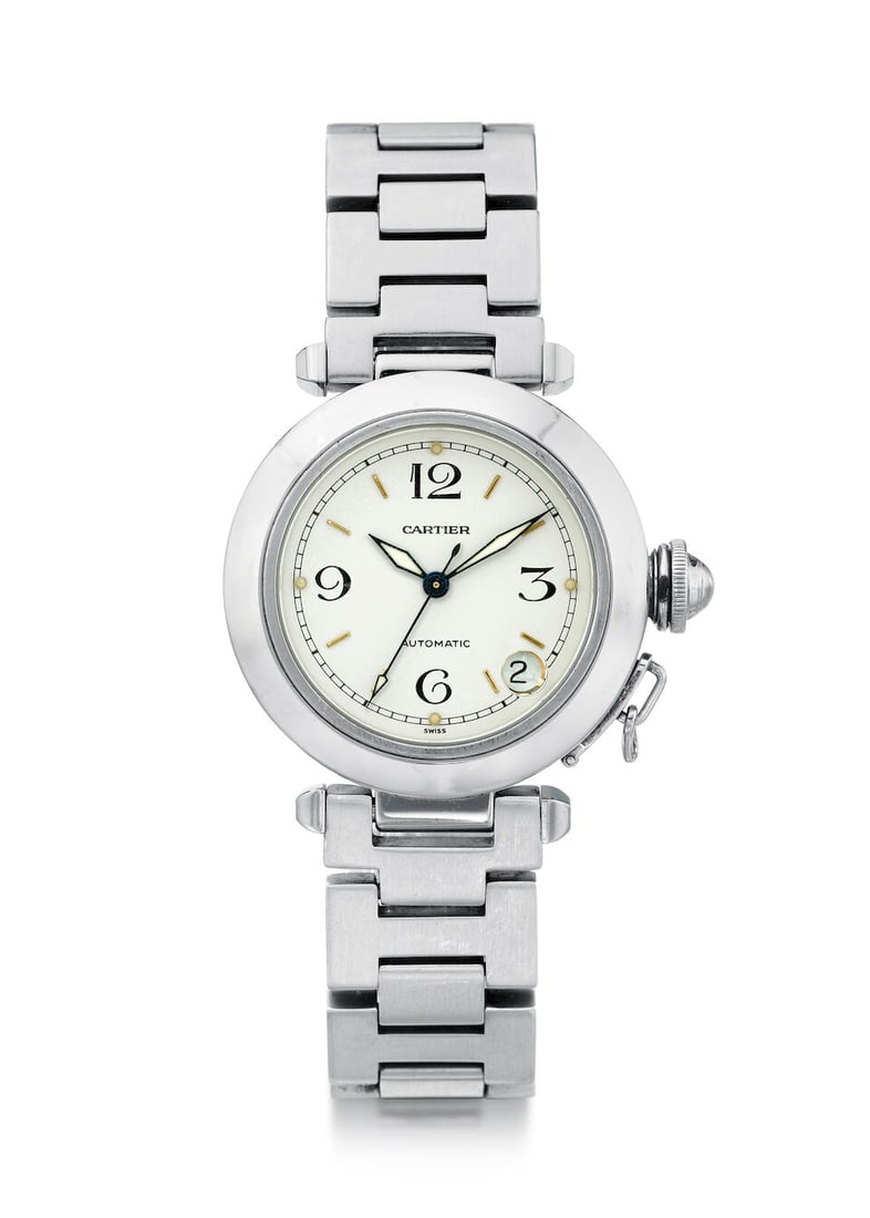 CARTIER. A STAINLESS STEEL AUTOMATIC CALENDAR BRACELET WATCH Pasha de Cartier, Ref: 2324, c. 2000s (1 of 2)