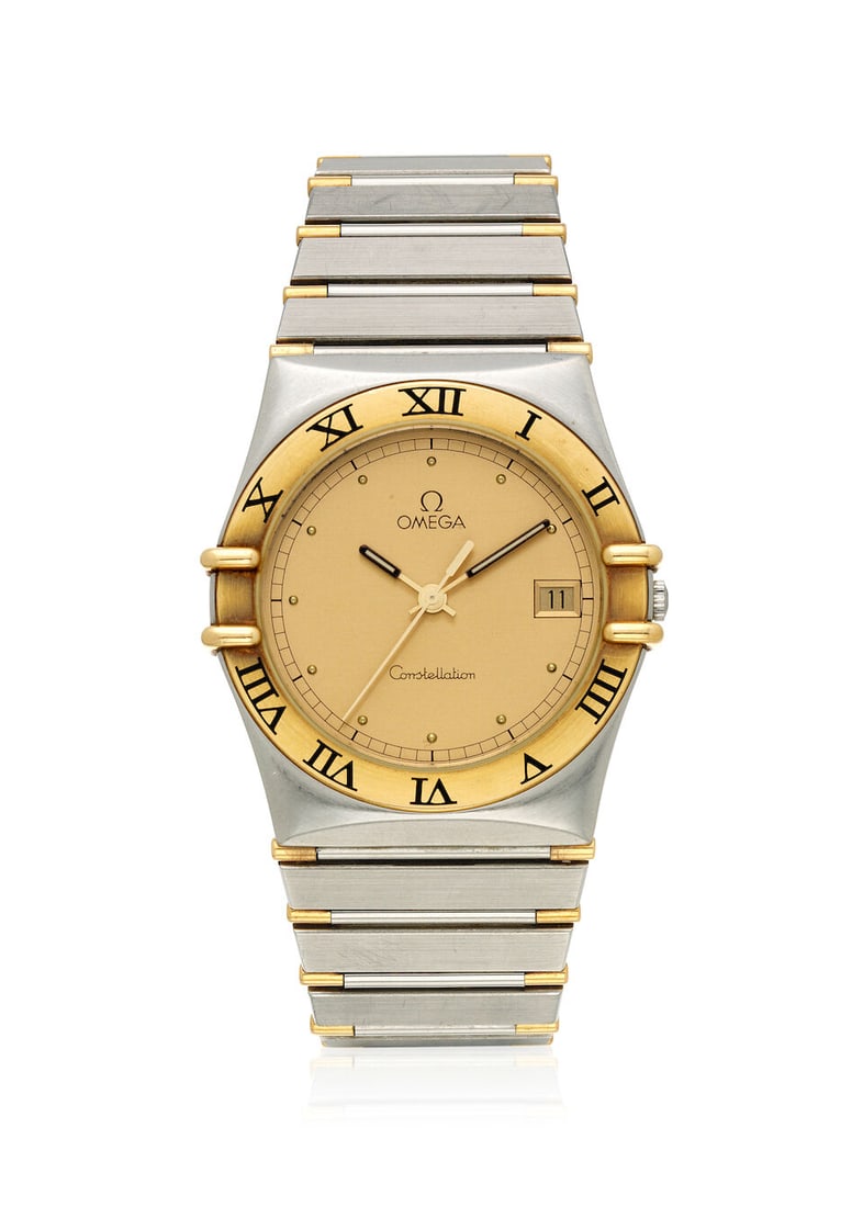 [NO RESERVE] OMEGA. A STAINLESS STEEL AND 18K GOLD QUARTZ CALENDAR BRACELET WATCH Constellation,... (1 of 1)