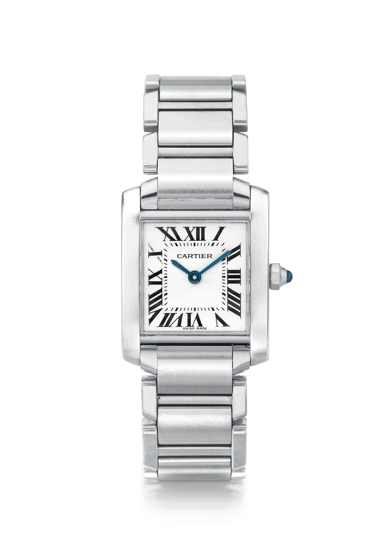CARTIER. A STAINLESS STEEL QUARTZ BRACELET WATCH Tank Française, Ref: 2384, c. 2005: CARTIER. A STAINLESS STEEL QUARTZ BRACELET WATCH Model: Tank Française Reference: 2384 Date: c. 2005 Movement: Cal. 57, 4-jewel quartz Dial: Silvered Case: Sqaure, case back secured by 4 screws,