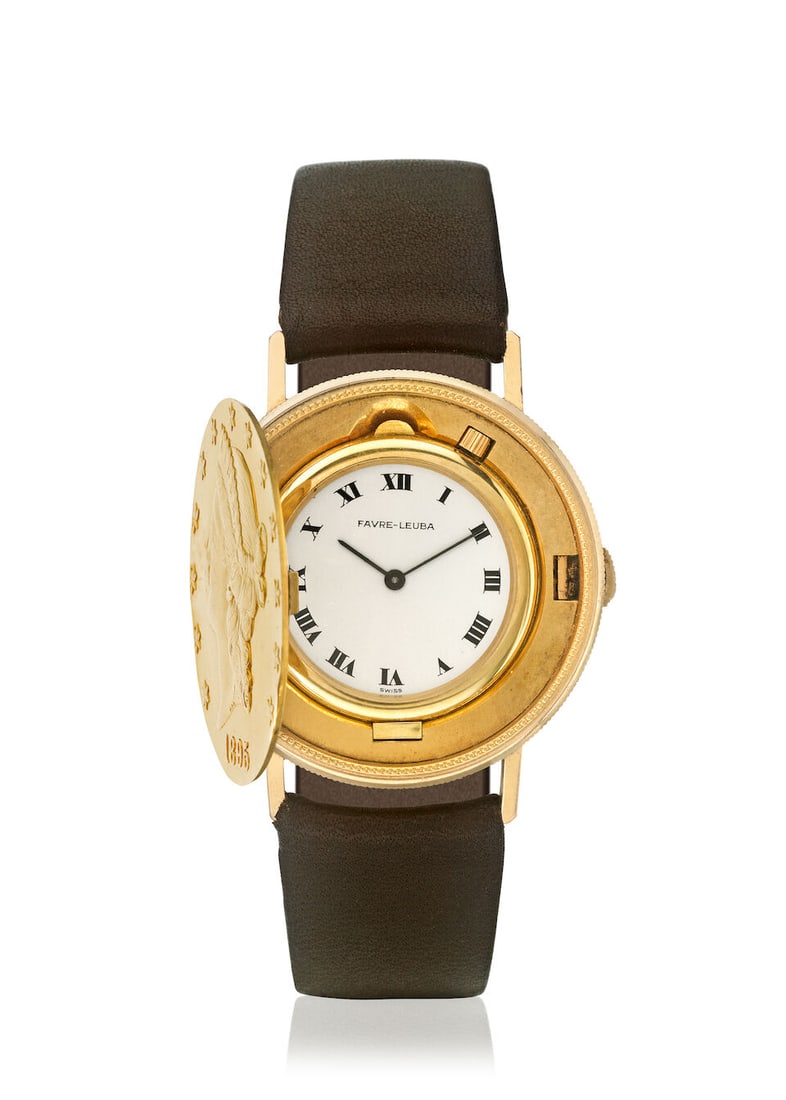 FAVRE LEUBA. AN 18K GOLD MANUAL WIND TWENTY DOLLAR COIN WRISTWATCH WITH CONCEALED DIALc. 1960s - 2