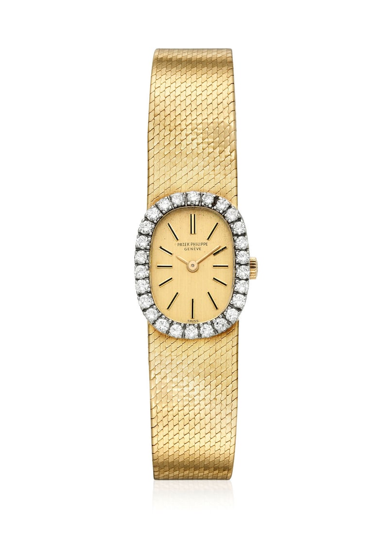 PATEK PHILIPPE. AN 18K GOLD DIAMOND SET MANUAL WIND BRACELET WATCHRef: 3377/1, c. 1965 (1 of 1)
