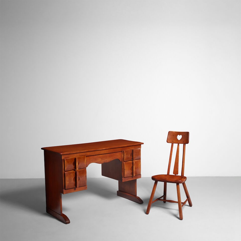 HERMAN DEVRIES (ACTIVE 1933-65) DESK AND 'HEART' CHAIR Vermont, circa 1933, for Cushman Colonial... (1 of 3)