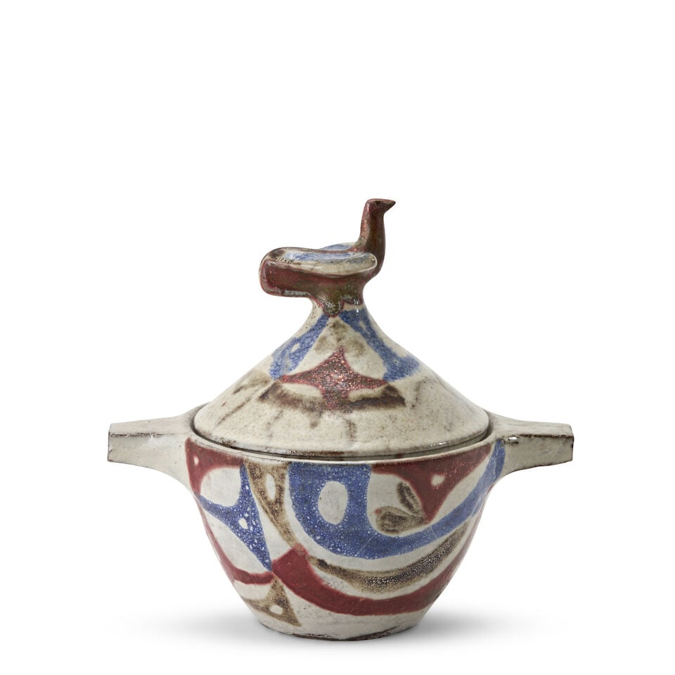 JEAN DERVAL (1925-2010) COVERED BOWL France, c. 1955, glazed earthenware, painted mark 'Jean Der...: JEAN DERVAL (1925-2010) COVERED BOWL France, c. 1955, glazed earthenware, painted mark 'Jean Derval,' ht. 8 1/4, lg. handle-to-handle 8 3/4 in. Footnotes: Private Collection, St. Louis, Missouri. For