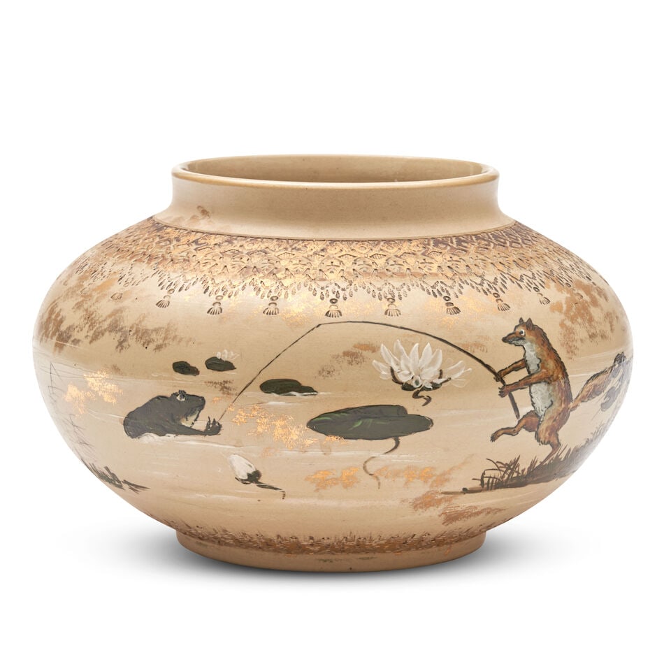 ALBERT R. VALENTIEN FOR ROOKWOOD POTTERY DULL FINISH JARDINIERE Cincinnati, Ohio, 1882, decorate...: ALBERT R. VALENTIEN FOR ROOKWOOD POTTERY DULL FINISH JARDINIERE Cincinnati, Ohio, 1882, decorated with anthropomorphic fox, frogs and a lobster, impressed stamp mark 'Rookwood 1882 Y 95' and anchor ma