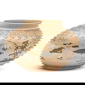 ALBERT R. VALENTIEN FOR ROOKWOOD POTTERY DULL FINISH JARDINIERE Cincinnati, Ohio, 1882, decorate...: ALBERT R. VALENTIEN FOR ROOKWOOD POTTERY DULL FINISH JARDINIERE Cincinnati, Ohio, 1882, decorated with anthropomorphic fox, frogs and a lobster, impressed stamp mark 'Rookwood 1882 Y 95' and anchor ma