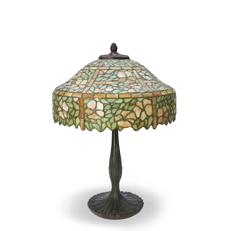 J.A. WHATLEY MOSAIC GLASS TABLE LAMP New York, New York, c. 1915, white metal, brass, glass, bas...: J.A. WHATLEY MOSAIC GLASS TABLE LAMP New York, New York, c. 1915, white metal, brass, glass, base with three-socket cluster with paddle switches, unmarked, shade, unmarked, dia. 18 1/2, 25 1/2 in.