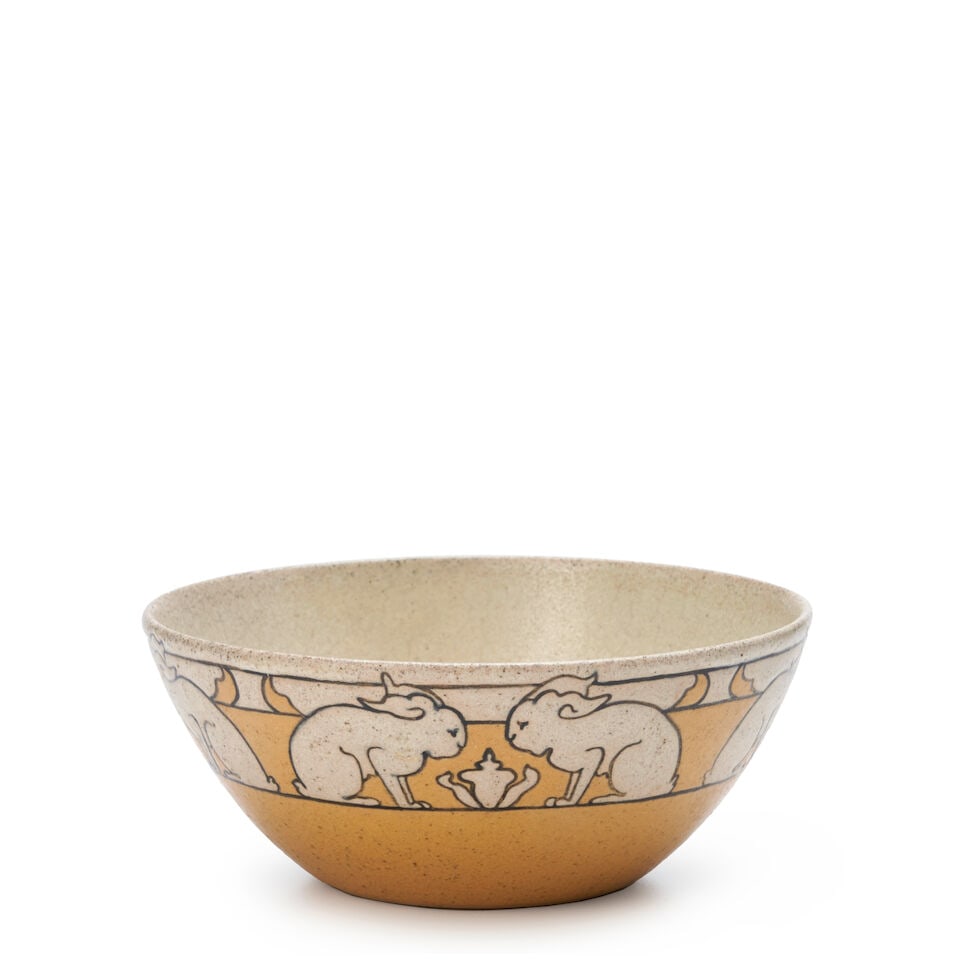 IDA GOLDSTEIN FOR SATURDAY EVENING GIRLS RABBIT BOWL Boston, Massachusetts, dated 1911, glazed e...: IDA GOLDSTEIN FOR SATURDAY EVENING GIRLS RABBIT BOWL Boston, Massachusetts, dated 1911, glazed earthenware, artist's mark 'I.G.' and 'S.E.G. 265.3.11,' ht. 2 1/4, dia. 5 5/8 in. For further