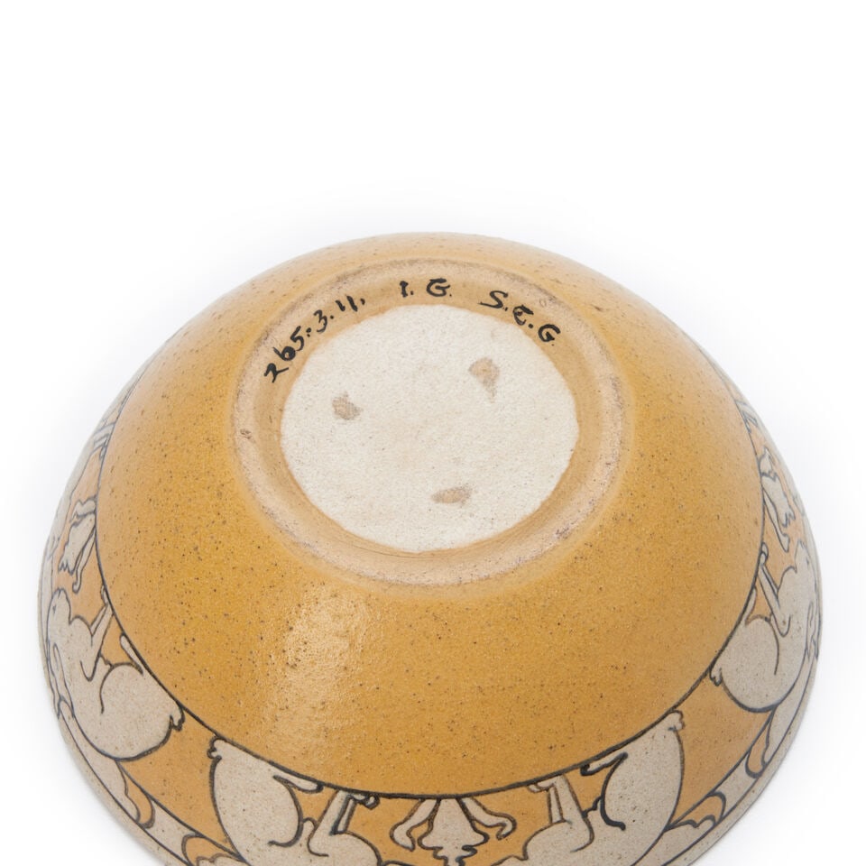 IDA GOLDSTEIN FOR SATURDAY EVENING GIRLS RABBIT BOWL Boston, Massachusetts, dated 1911, glazed e... - 2