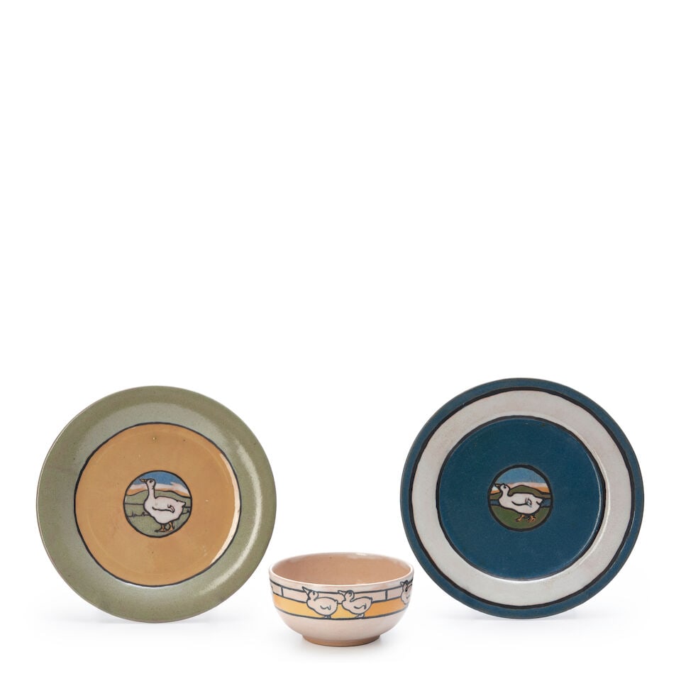 SATURDAY EVENING GIRLS DUCK BOWL AND TWO DUCK PLATES Boston, Massachusetts, glazed earthenware, ...: SATURDAY EVENING GIRLS DUCK BOWL AND TWO DUCK PLATES Boston, Massachusetts, glazed earthenware, plate with beige and olive glazes, artist's mark 'FL' for Fannie Levine and 'S.E.G. 7.19,' dia. 7 1/4,