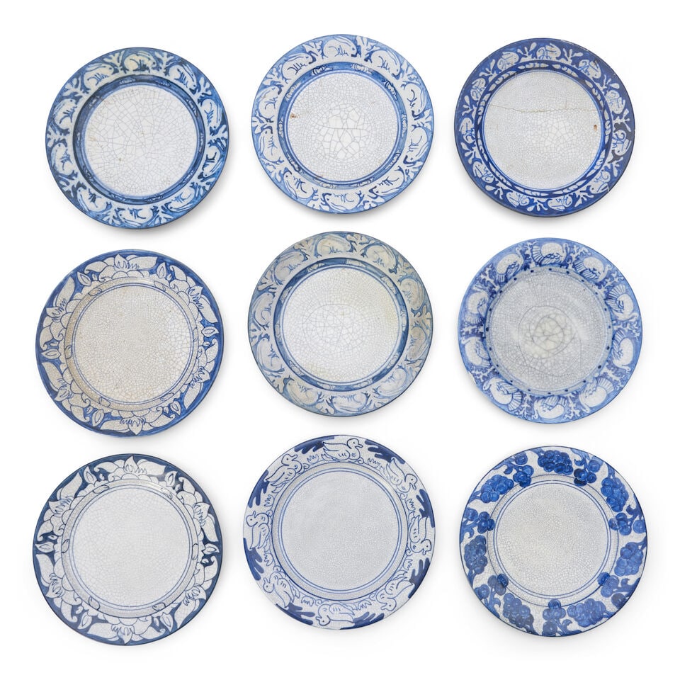 NINE DEDHAM POTTERY PLATES Dedham, Massachusetts, 1896-1943, glazed stoneware, 'Grape,' pre-1929... (1 of 2)