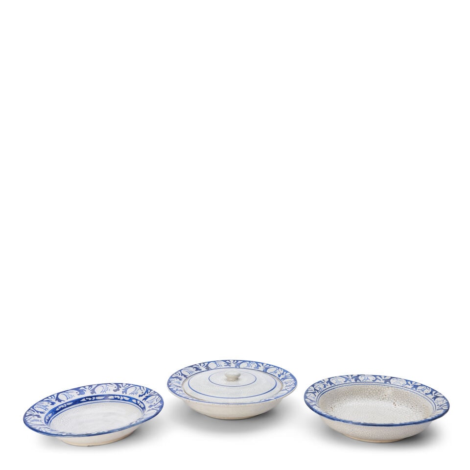 DEDHAM POTTERY 'RABBIT' PATTERN OPEN NAPPIE, COVERED NAPPIE, AND SOUP PLATE Dedham, Massachusett... (1 of 2)