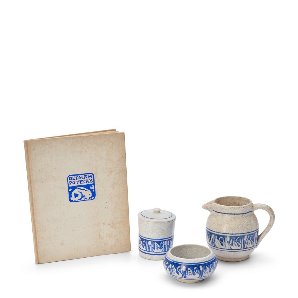 THREE PIECES OF 'SWAN' PATTERN TABLEWARE AND A COPY OF LLOYD E. HAWES 'THE DEDHAM POTTERY' Dedha...: THREE PIECES OF 'SWAN' PATTERN TABLEWARE AND A COPY OF LLOYD E. HAWES 'THE DEDHAM POTTERY' Dedham, Massachusetts, 1896-1943, glazed stoneware, No. 2 pitcher, partial ink stamp and impressed foreshorte