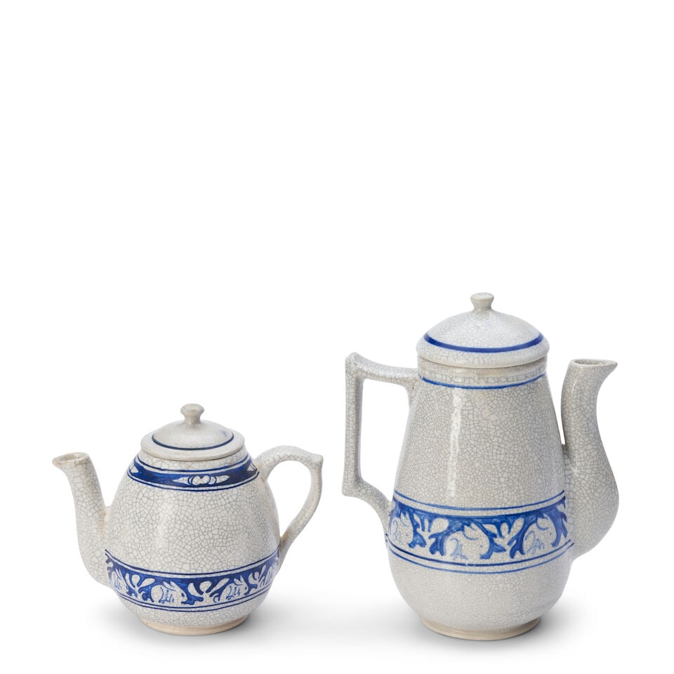 DEDHAM POTTERY 'RABBIT' PATTERN TEAPOT AND COFFEE POT Dedham, Massachusetts, 1896-1943, glazed s... - 2