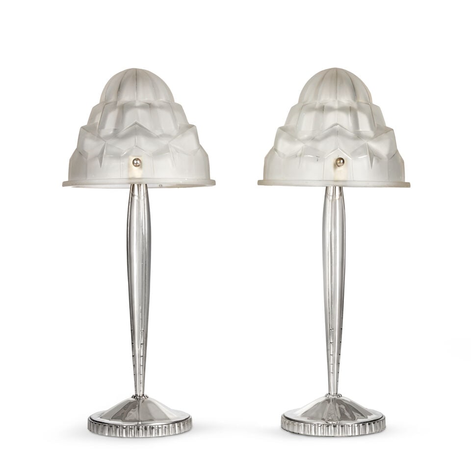 PAIR OF ART DECO DEGUE TABLE LAMPS France, c. 1930, chromed metal, frosted glass, candelabra-bas...: PAIR OF ART DECO DEGUE TABLE LAMPS France, c. 1930, chromed metal, frosted glass, candelabra-based sockets, shades with molded marks 'Degue,' total ht. 22 1/2 in. For further information on this lot p