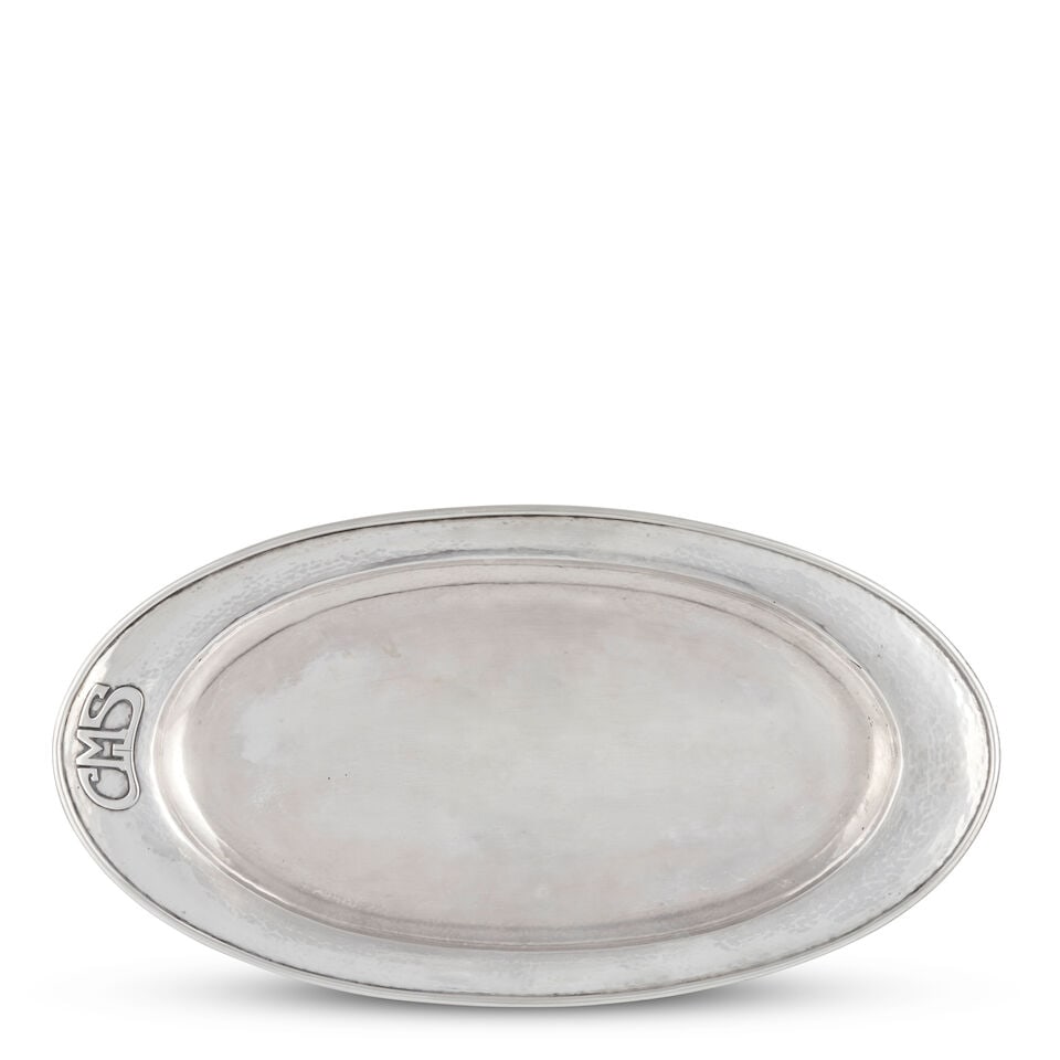 KALO STERLING SILVER PLATTER Chicago, 1917-1970, hand-hammered, oval with a rolled lip and appli... (1 of 2)