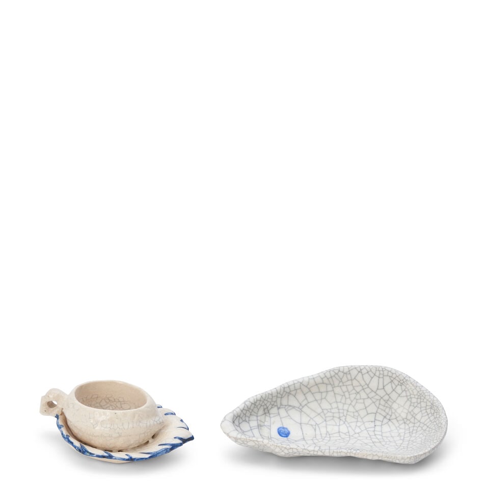 DEDHAM POTTERY 'NUT ON LEAF' SALT AND 'OYSTER SHELL' DEBRIS DISH Dedham, Massachusetts, 1896-192... (1 of 1)