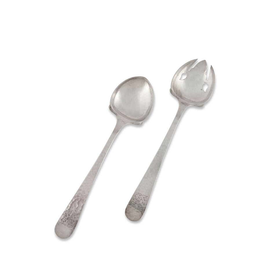 PAIR OF KALO STERLING SILVER SALAD SERVERS Chicago, 20th century, hand hammered with monogrammed... (1 of 1)