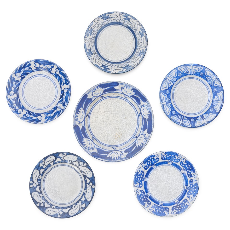 SIX DEDHAM POTTERY PLATES Dedham, Massachusetts, 1896-1943, glazed stoneware, 'Birds in Potted O... (1 of 2)