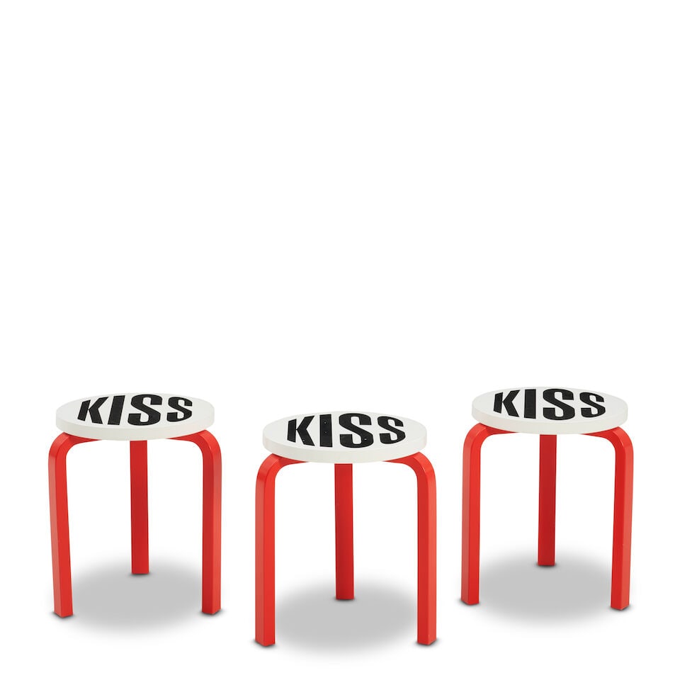 BARBARA KRUGER (B. 1945) Untitled (Kiss) (3 works), 2019A group of 3 screenprinted and painted w...: BARBARA KRUGER (B. 1945) Untitled (Kiss) (3 works), 2019 A group of 3 screenprinted and painted wooden stools, each with the artist's inkstamp and numbered '320', '545' and '380' respectively in black