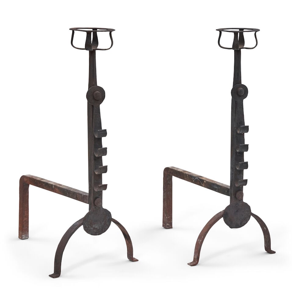 ARTS AND CRAFTS BASKET AND RING ANDIRONS probably England, c. 1900, wrought iron, unmarked, ht. ...: ARTS AND CRAFTS BASKET AND RING ANDIRONS probably England, c. 1900, wrought iron, unmarked, ht. 27 1/2, wd. 12, dp. 20 in. Footnotes: Purchased from Yew Tree House Antiques, New York, New York. Lot to
